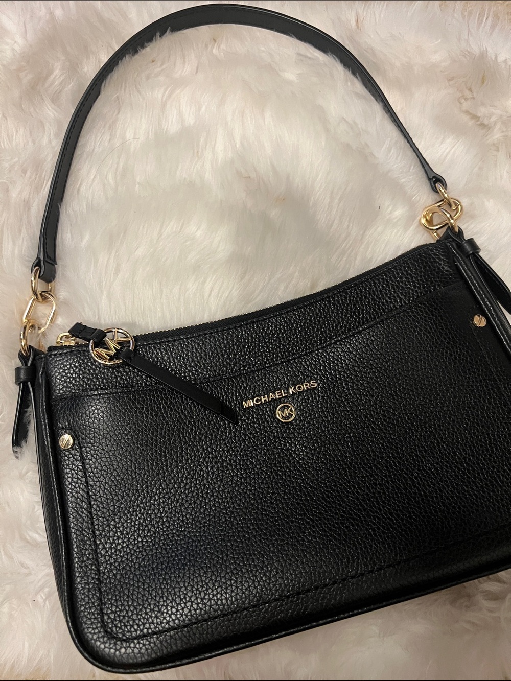 Michael Kors Black Pebbled Leather Shoulder Bag with Gold Hardware